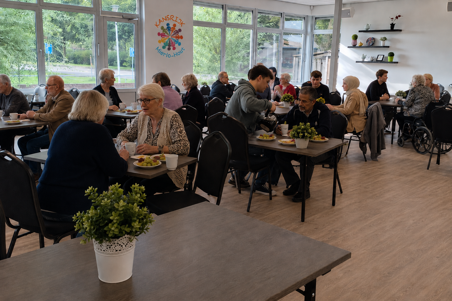 Bewoners eten en kletsen samen in de Kansrijk huiskamer